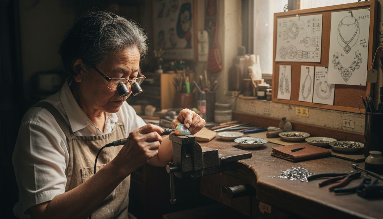 工艺师专注地在工作台上打磨宝石,精雕细琢,每一处都凝聚着匠心。