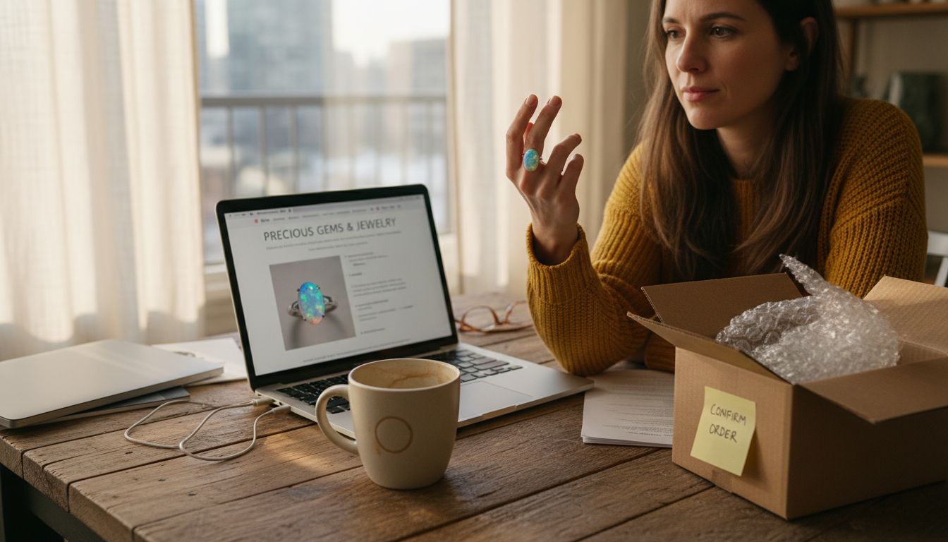 Woman shopping online for authentic opal ring