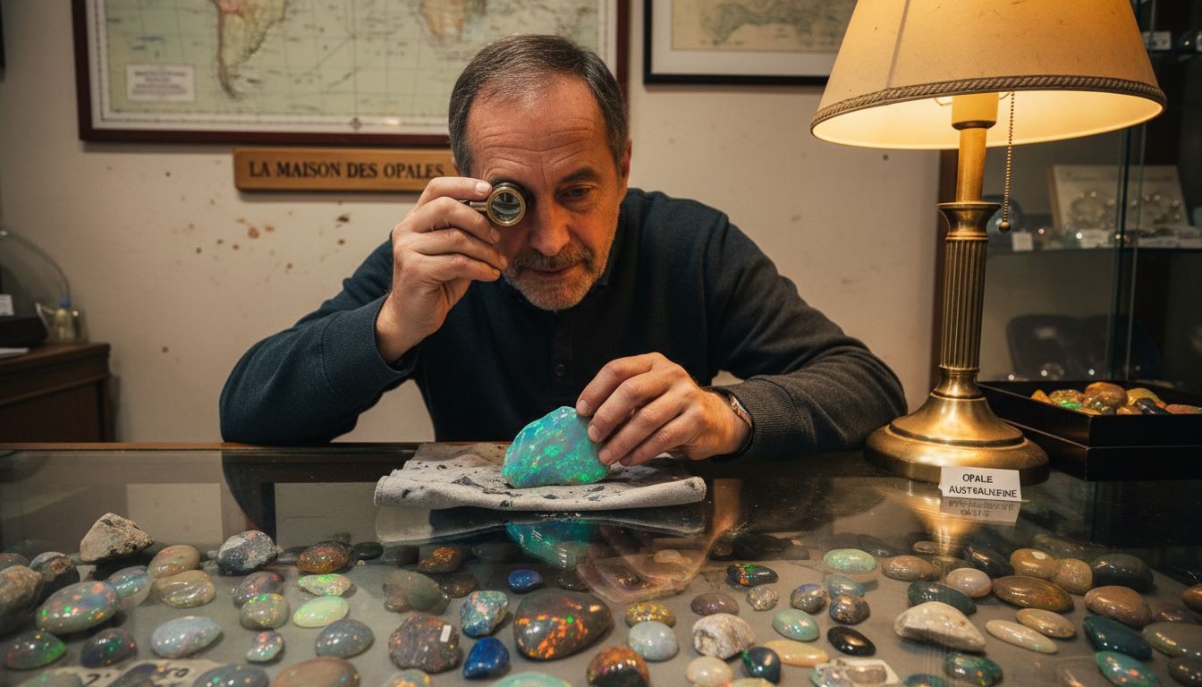 Un gemmologue observe attentivement les jeux de couleurs d’une opale australienne.