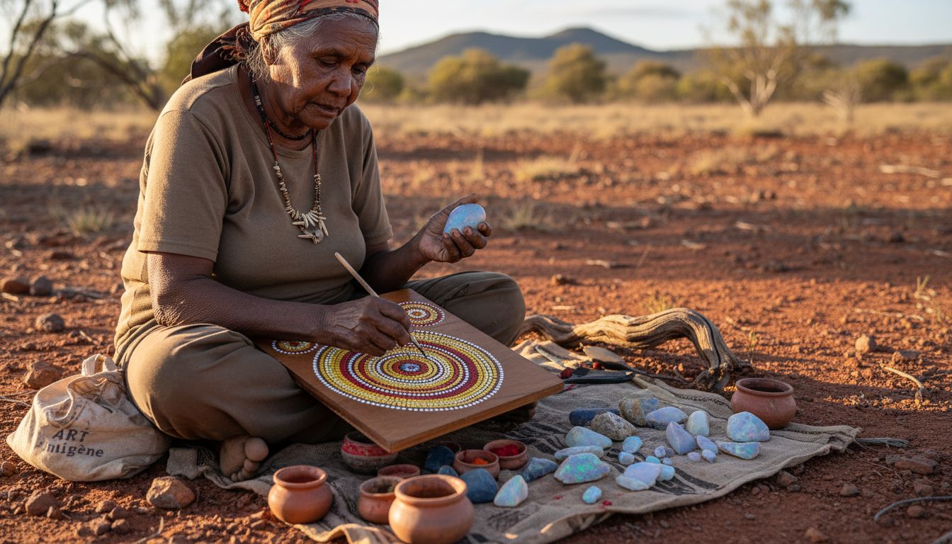 Un artiste aborigène crée une œuvre en utilisant de l’opale australienne.