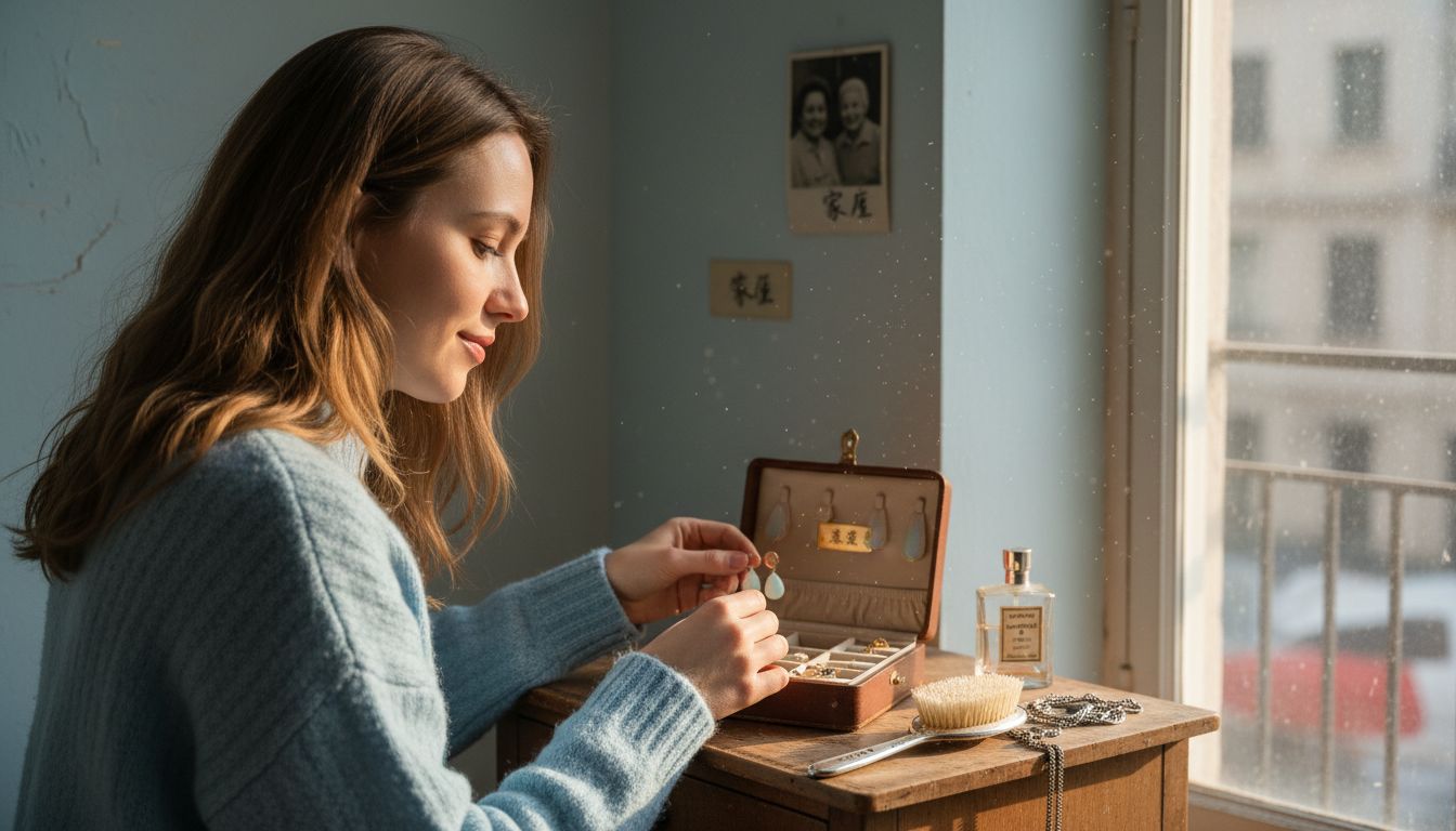 一位女士坐在梳妆台前，精心挑选着自己心仪的欧泊耳环。
