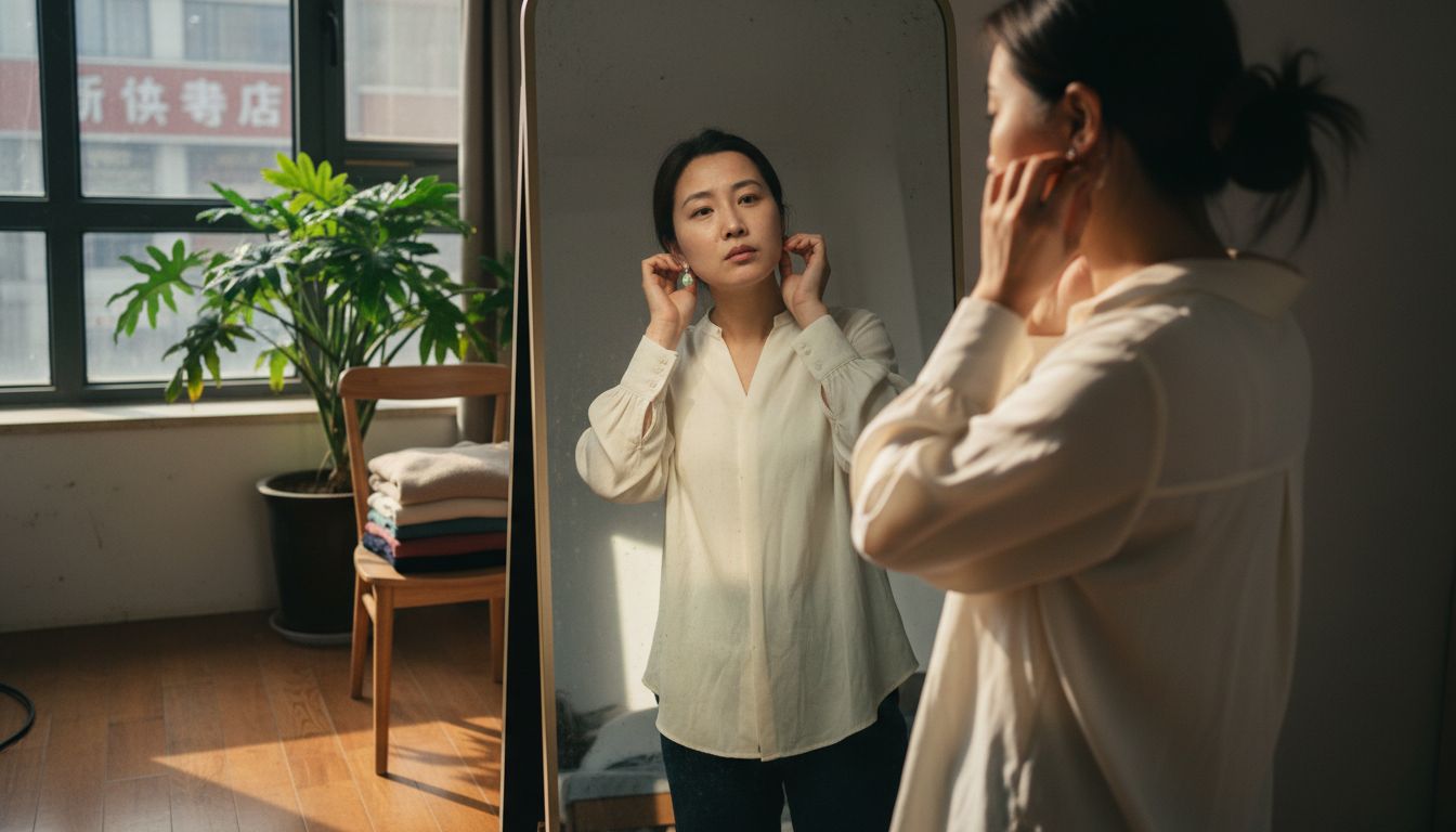 一位女士正对着镜子细心整理耳上的欧珀耳环。