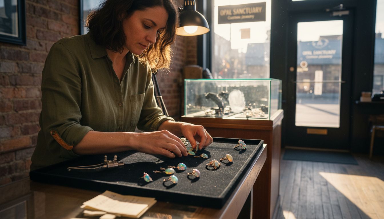 Jeweler sorting opal gemstone jewelry set