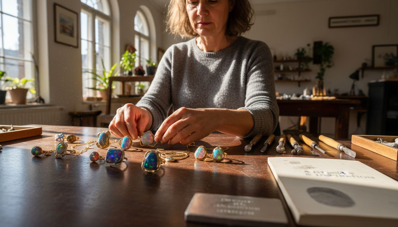 Eine Designerin arrangiert liebevoll Schmuckstücke aus Opal und farbenfrohen Edelsteinen.