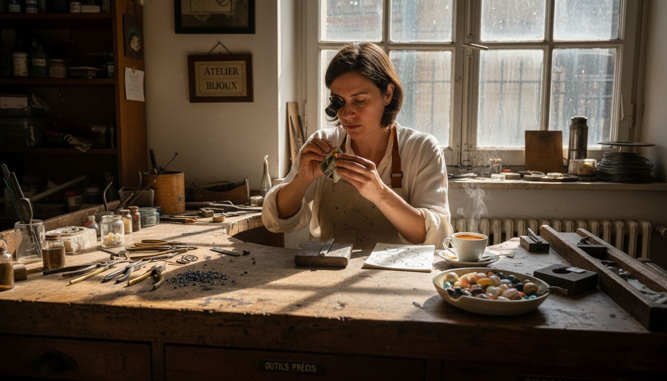 Un artisan joaillier en train de polir une bague ornée d’une opale dans son atelier