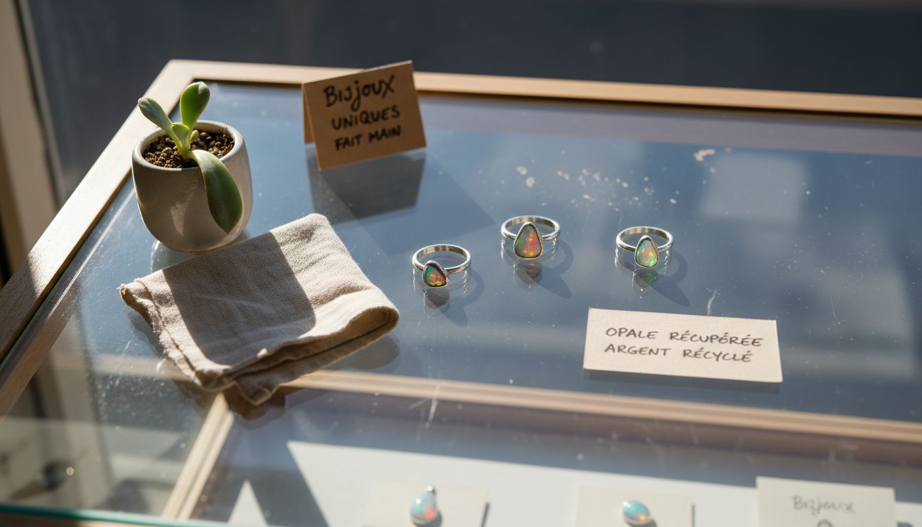 Sélection de bijoux en opale au style épuré exposés en vitrine