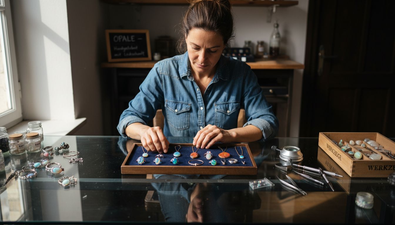 Ein Juwelier begutachtet in seinem Atelier eine Kollektion aus Opalschmuck.