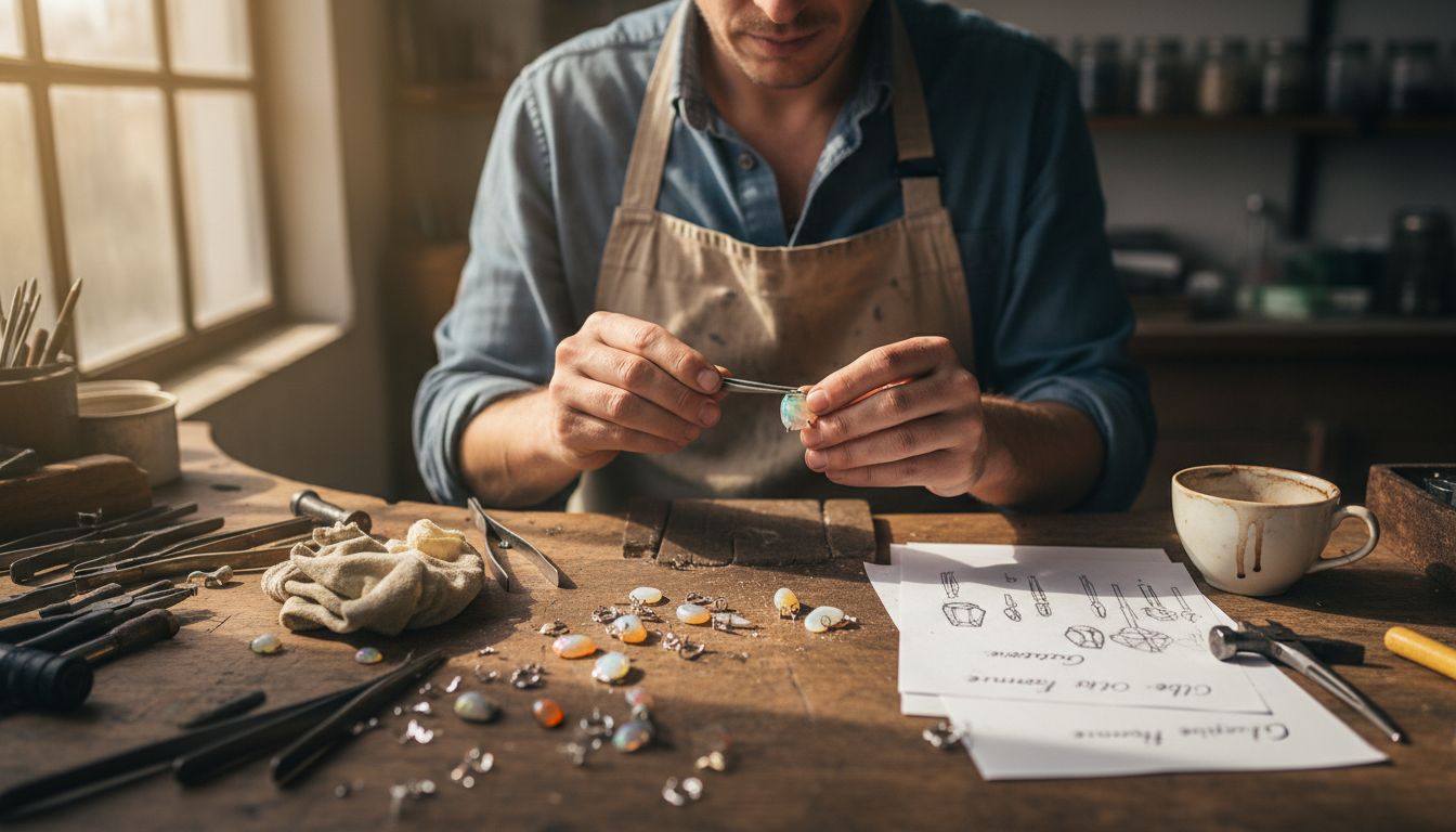 Un artisan prend soin de disposer minutieusement les montures de bijoux ornés d’opales.