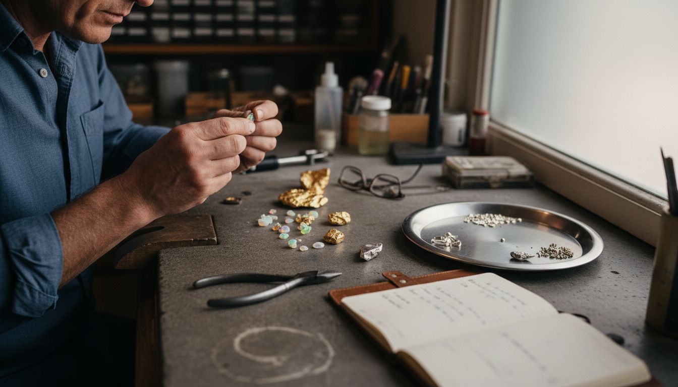 Un joaillier en train d’étudier une opale tout en réfléchissant aux différentes matières à associer pour la création de ses bijoux.