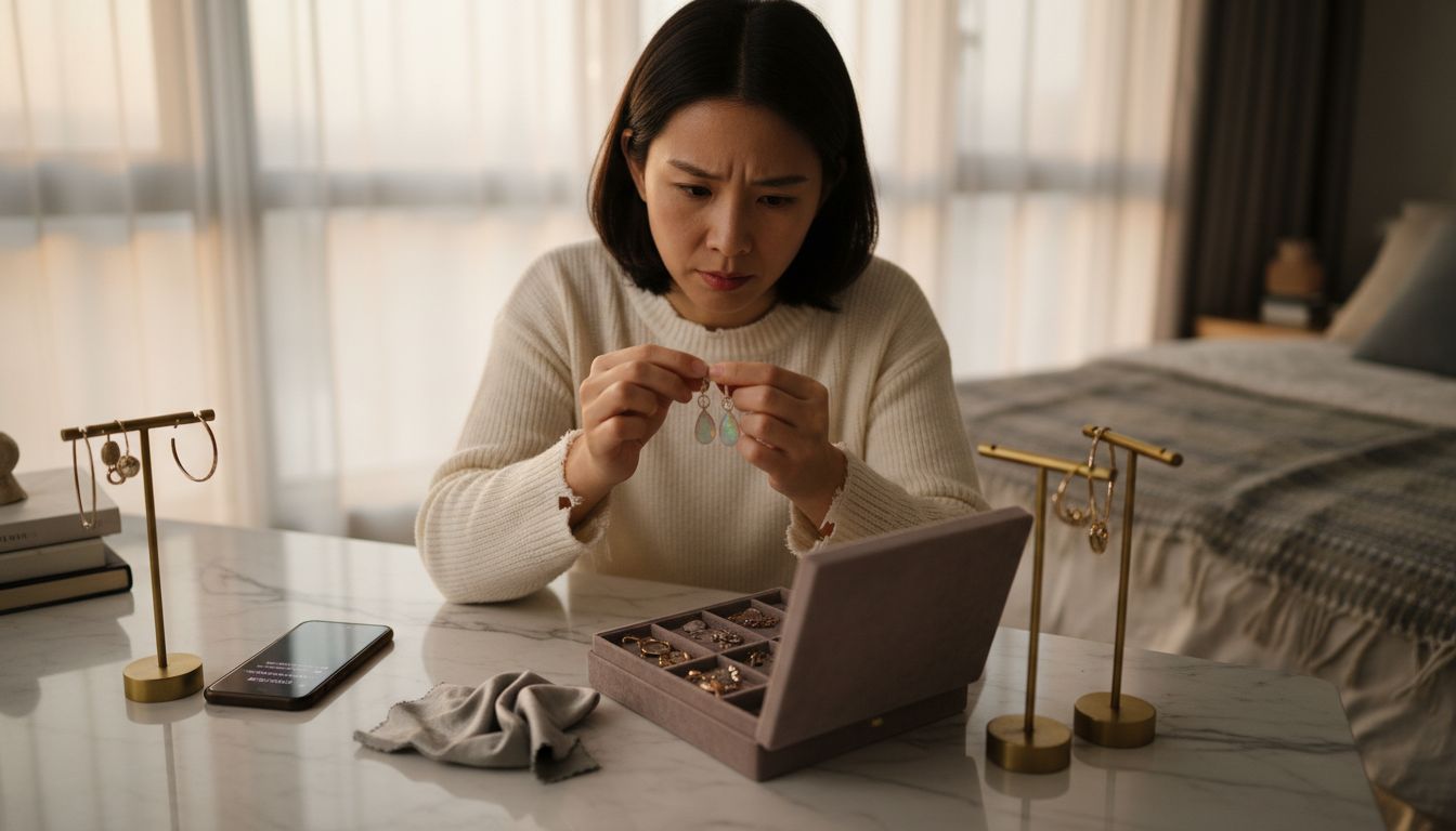 一位女士正坐在梳妆台前,细心挑选一对心仪的欧泊耳环。