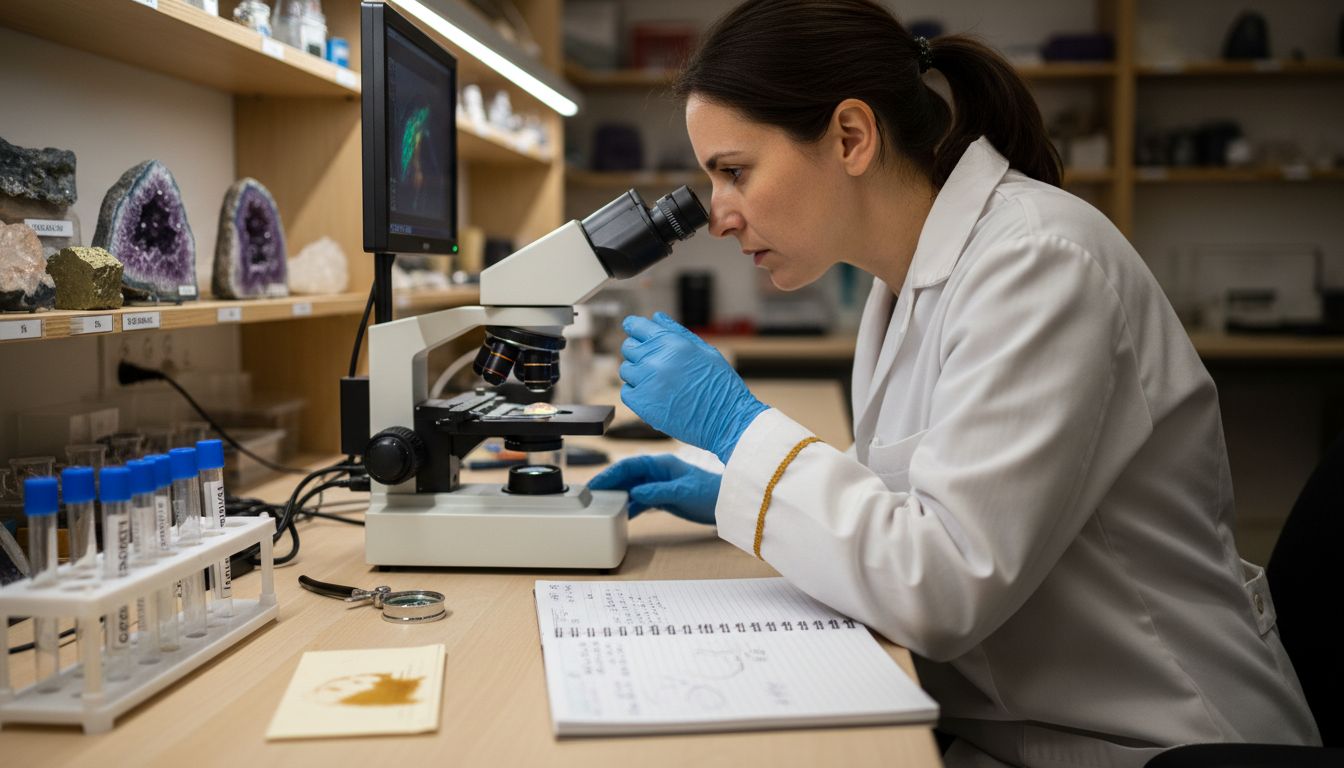 Gemologist reviewing opal under microscope