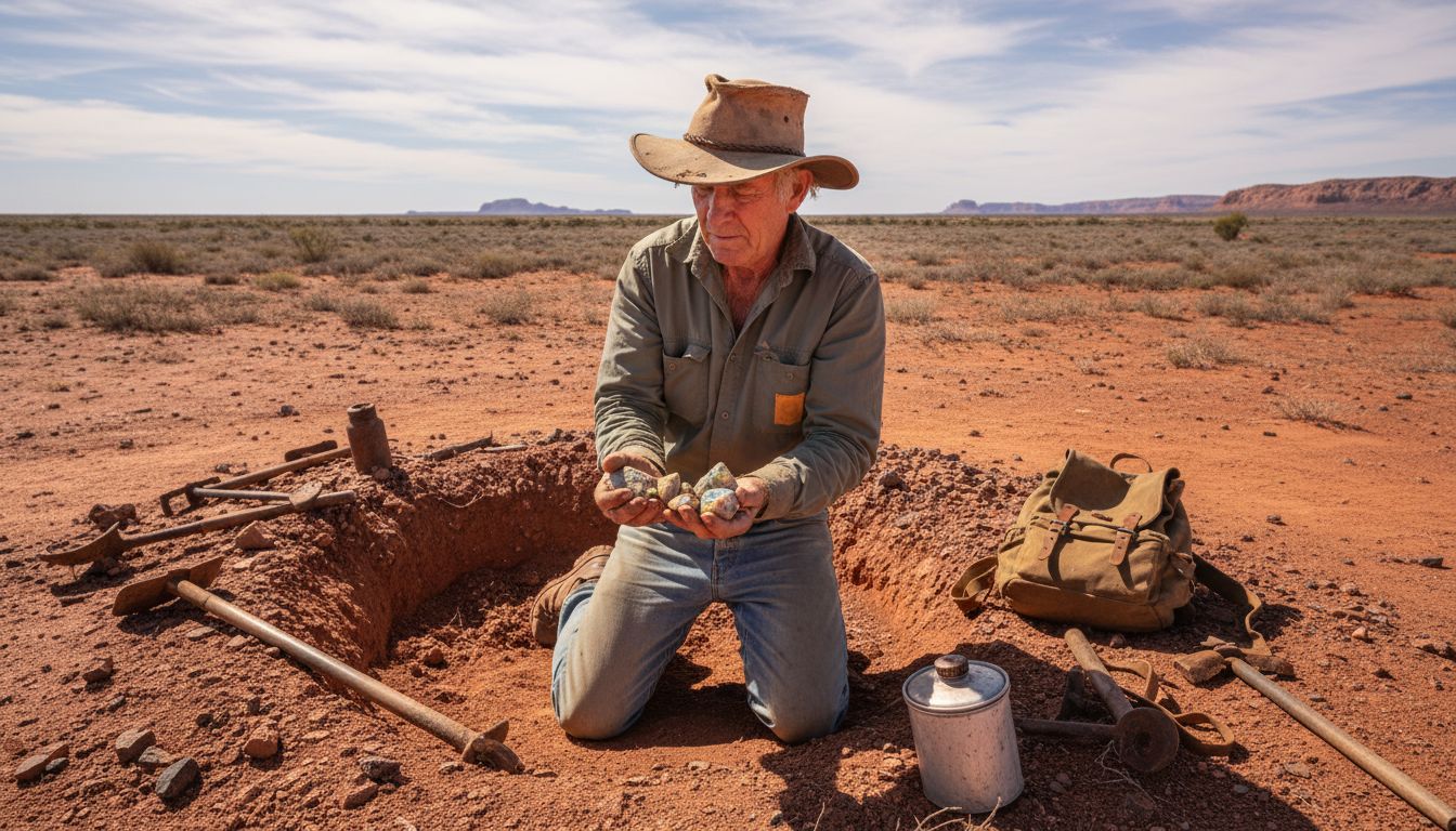 Opal miner examining stones in the outback