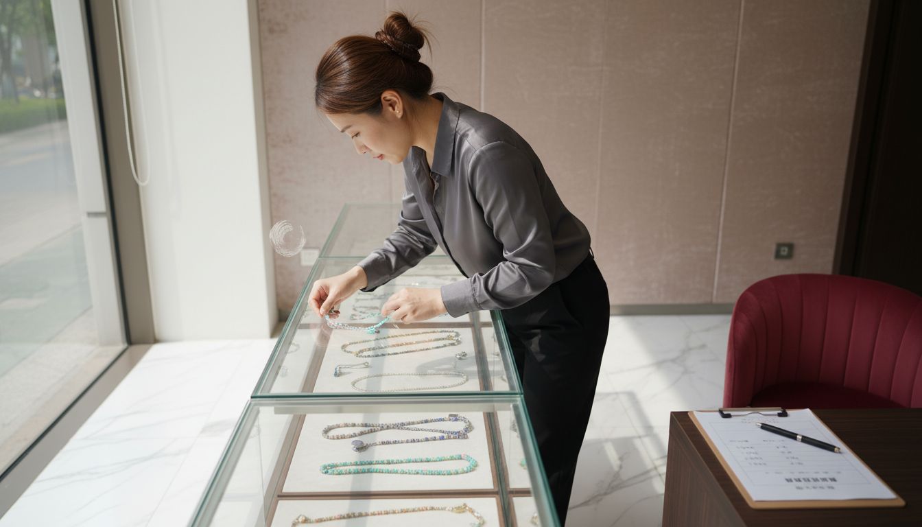 欧泊珠宝顾问正在细心整理展示柜,将每一件首饰摆放得井井有条,力求让顾客一眼就能被吸引。