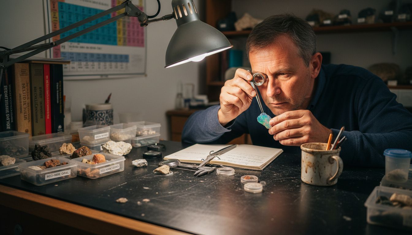Ein Edelsteinexperte begutachtet im Labor einen Opal aus natürlichem Vorkommen.