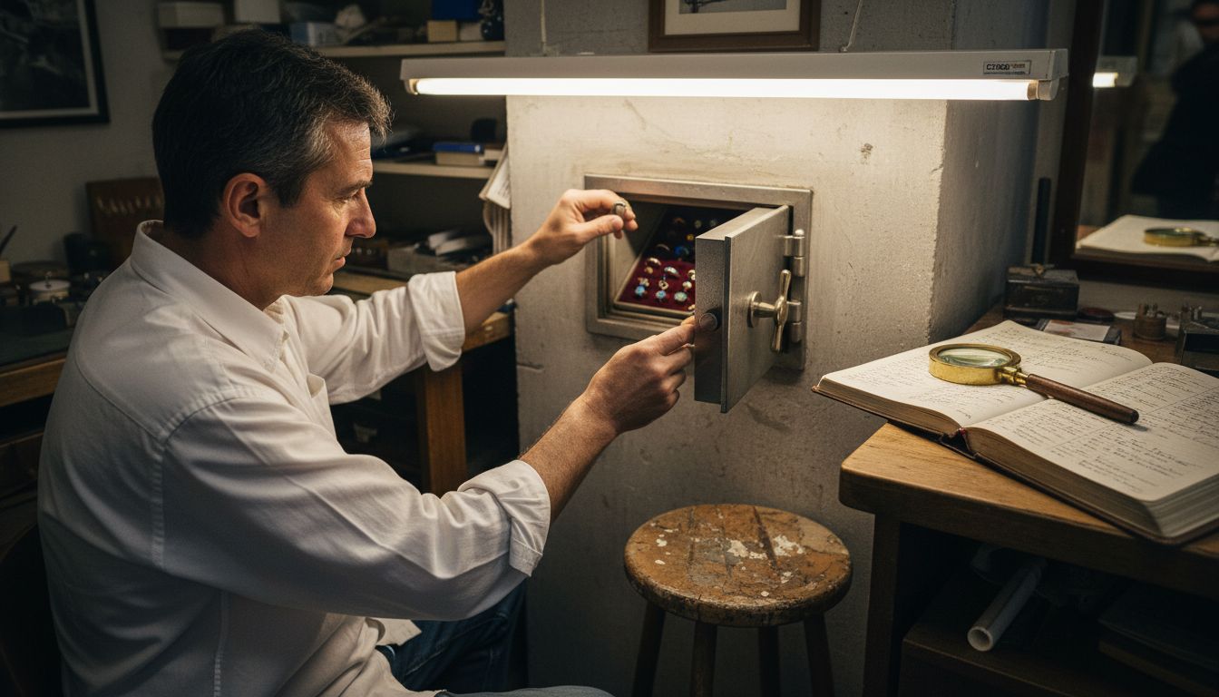 Un bijoutier ouvre son coffre pour en sortir des bijoux ornés d’opales.