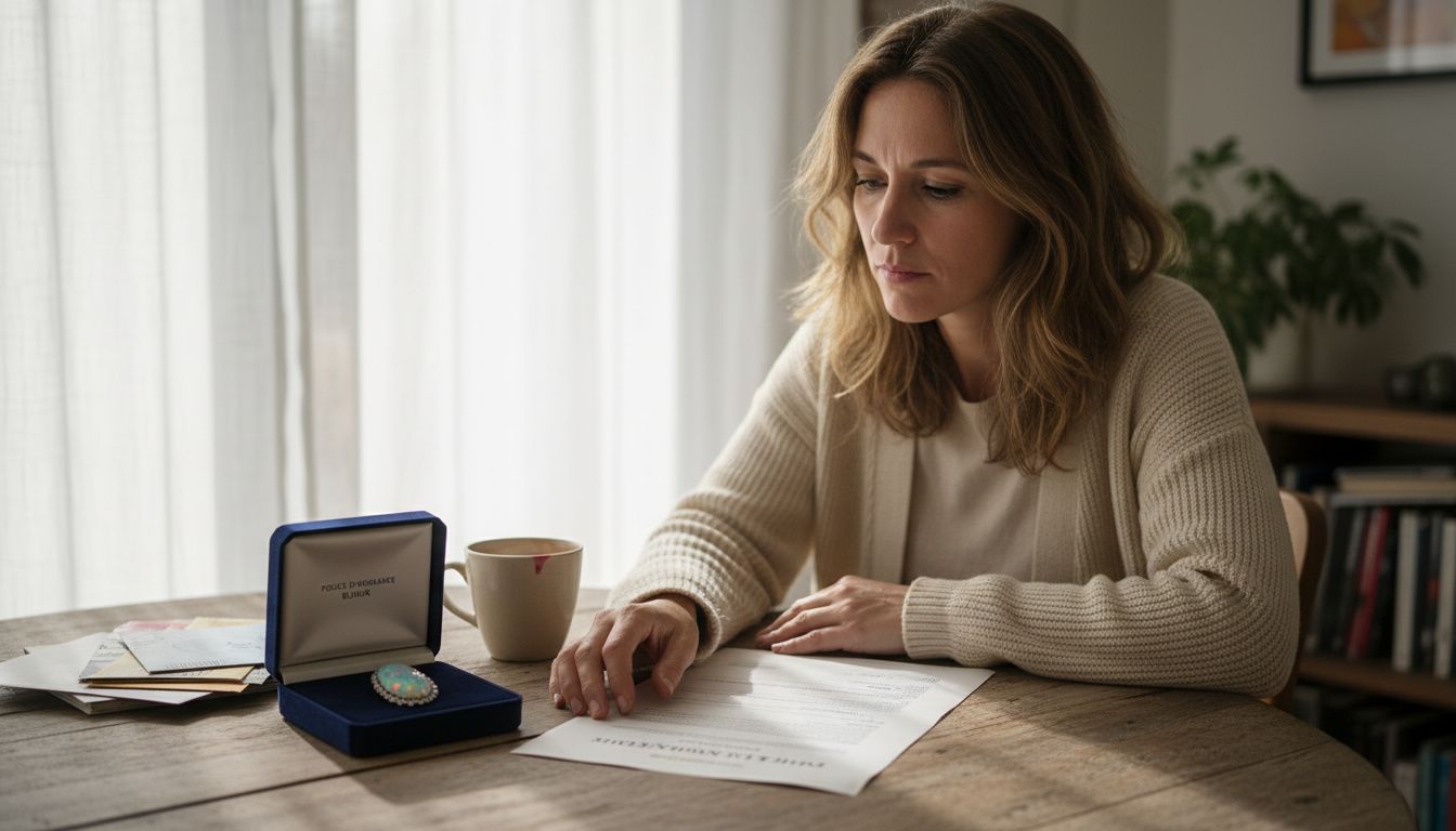 Une femme examine attentivement les conditions de son assurance pour des bijoux en opale.