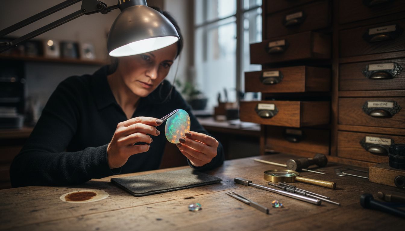 Ein Gutachter prüft den Cabochon-Schliff eines Opals ganz genau.