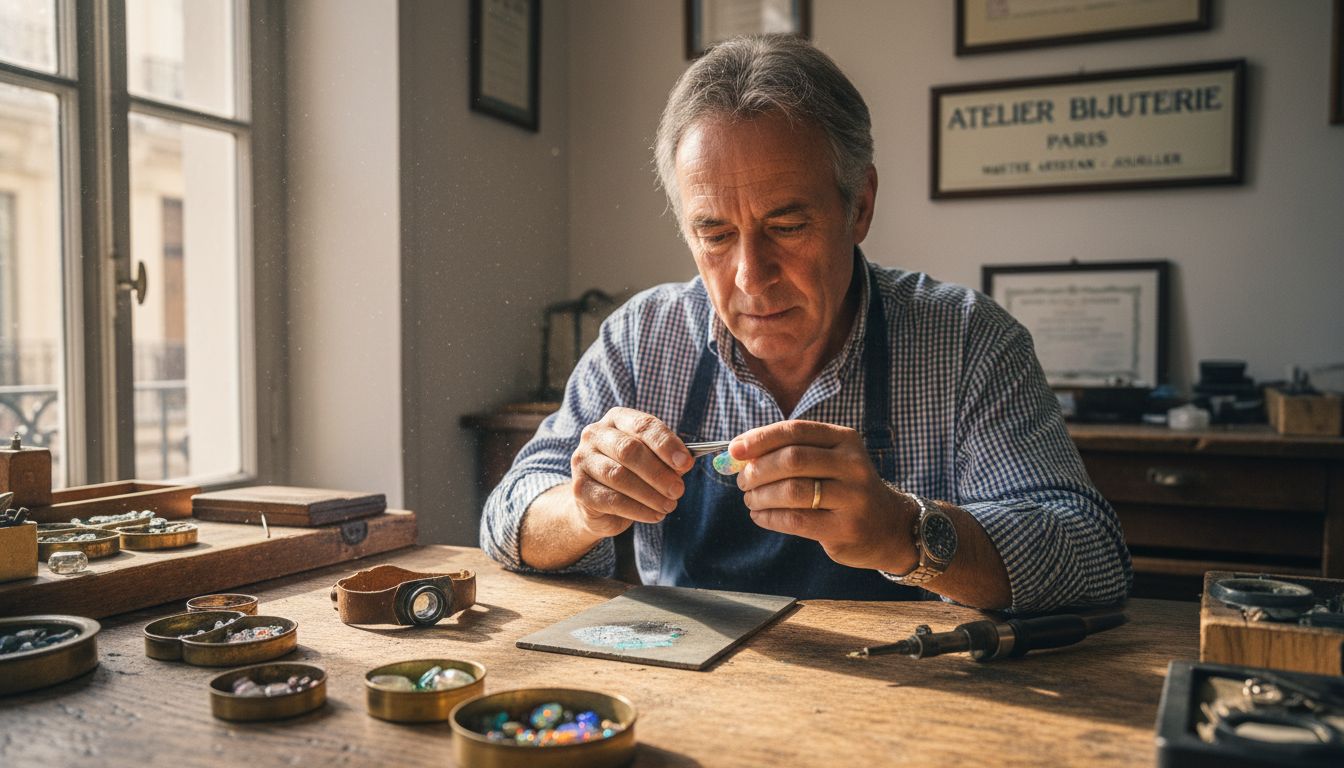 Un joaillier examine attentivement une opale sur son établi, concentré sur chaque détail de la pierre précieuse.