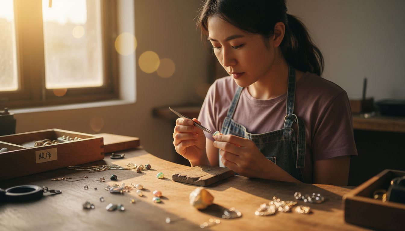 珠宝匠人在工作台上细致地鉴赏欧泊宝石