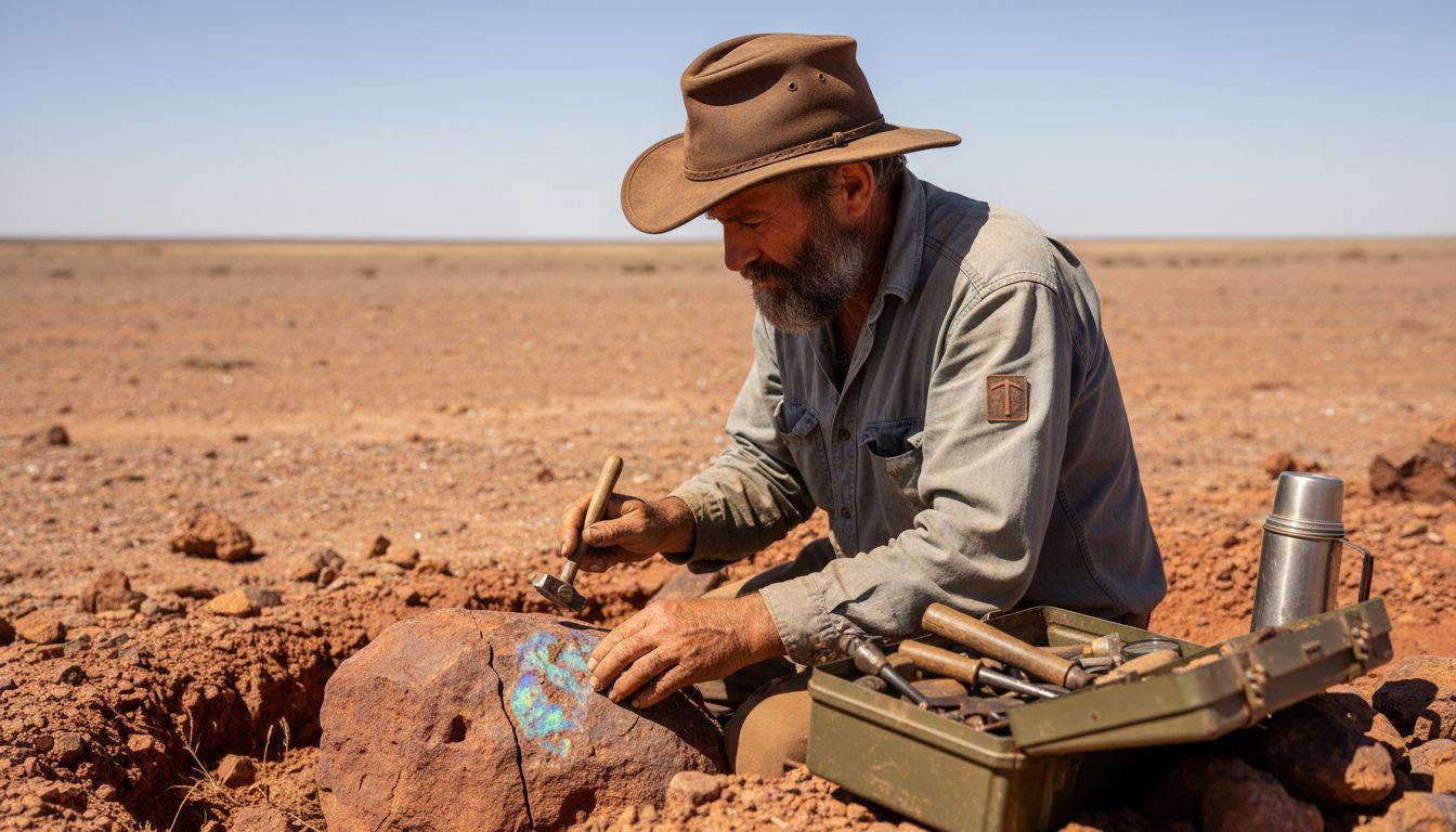 Miner inspects Queensland boulder opal in outback