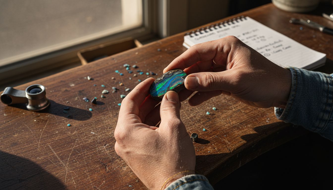 Hands hold cut Queensland boulder opal specimen