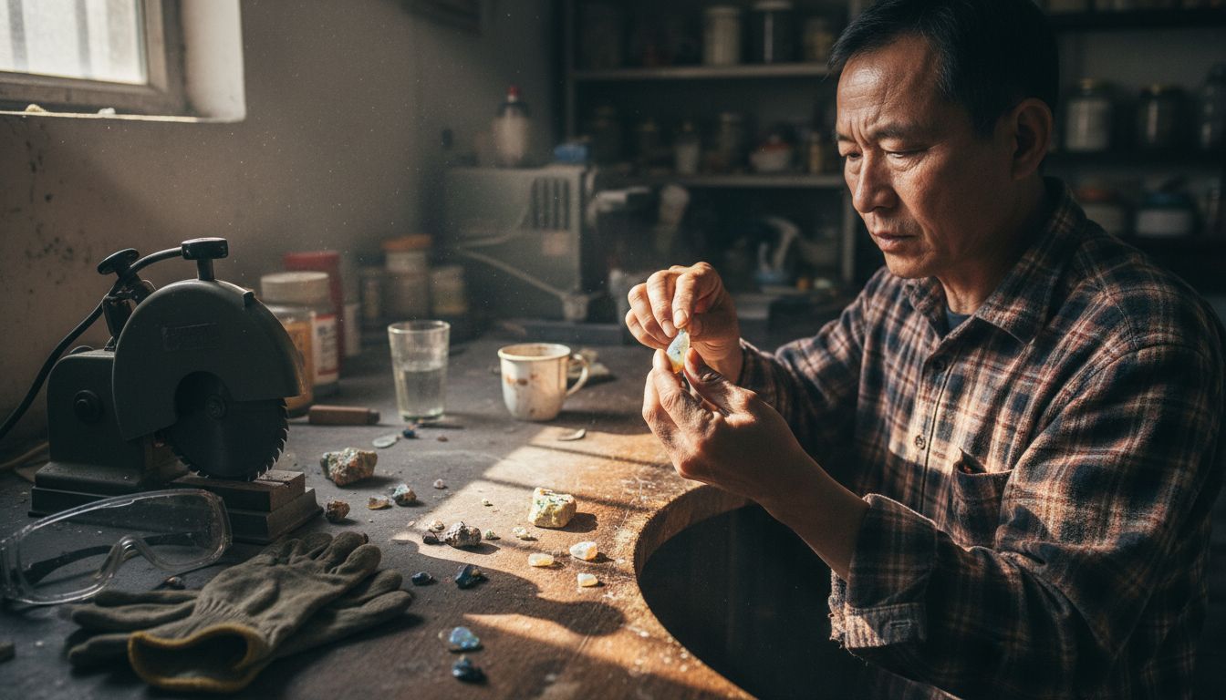 宝石工匠在蛋白石切割工作台前精心挑选合适的工具,为即将开始的打磨做准备。