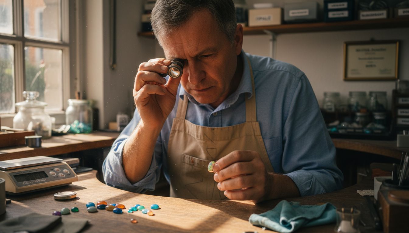 Ein Goldschmied prüft in seiner Werkstatt die Echtheit eines Opalrings.