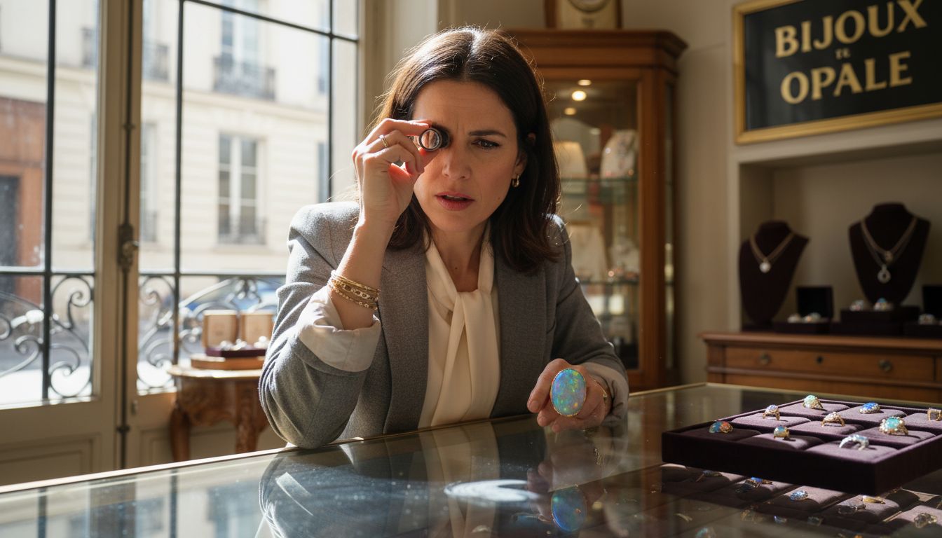 Un joaillier scrute attentivement une bague ornée d’une opale précieuse exposée en vitrine.