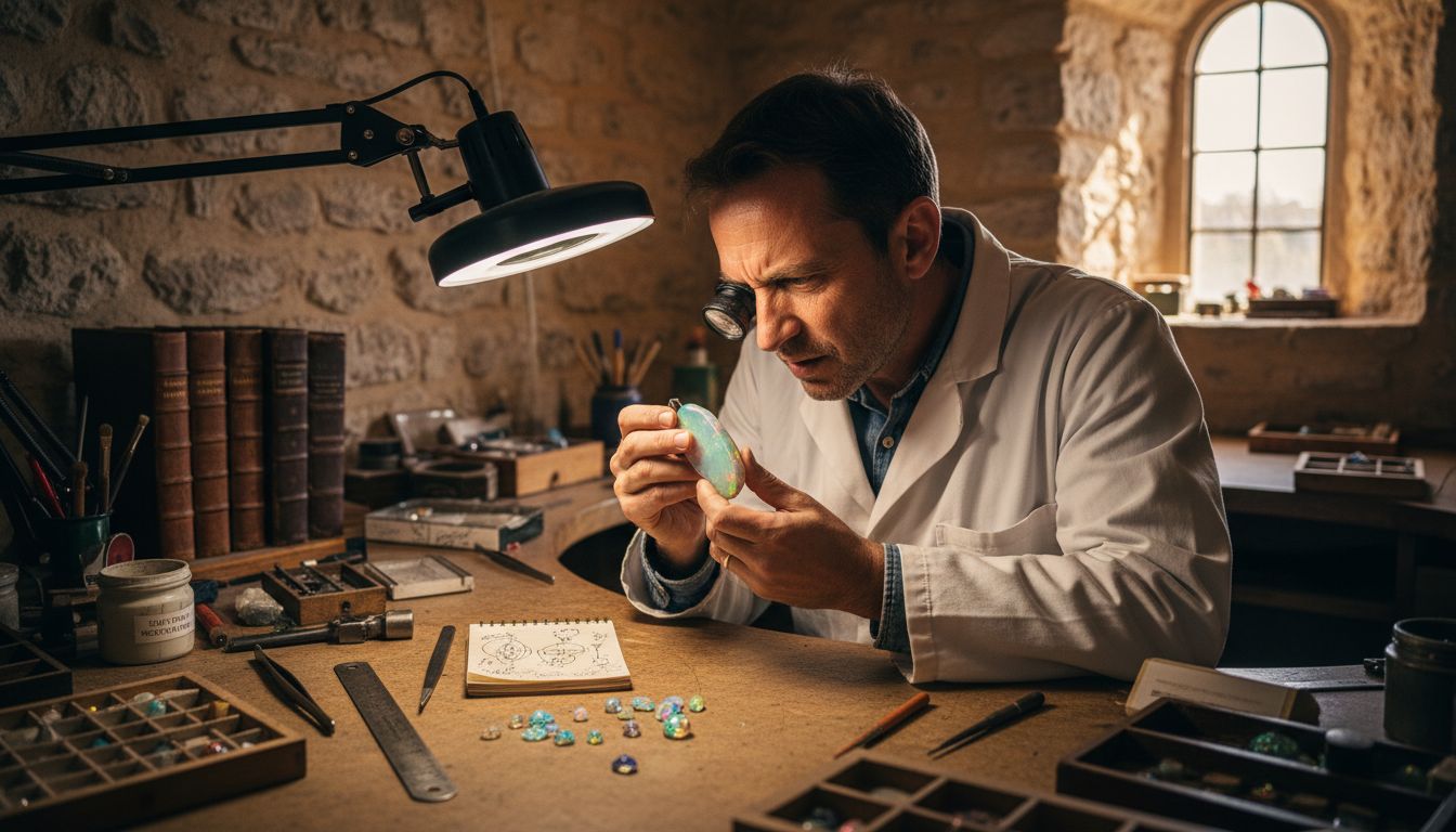Expert en gemmologie en train d’analyser la rareté d’une opale