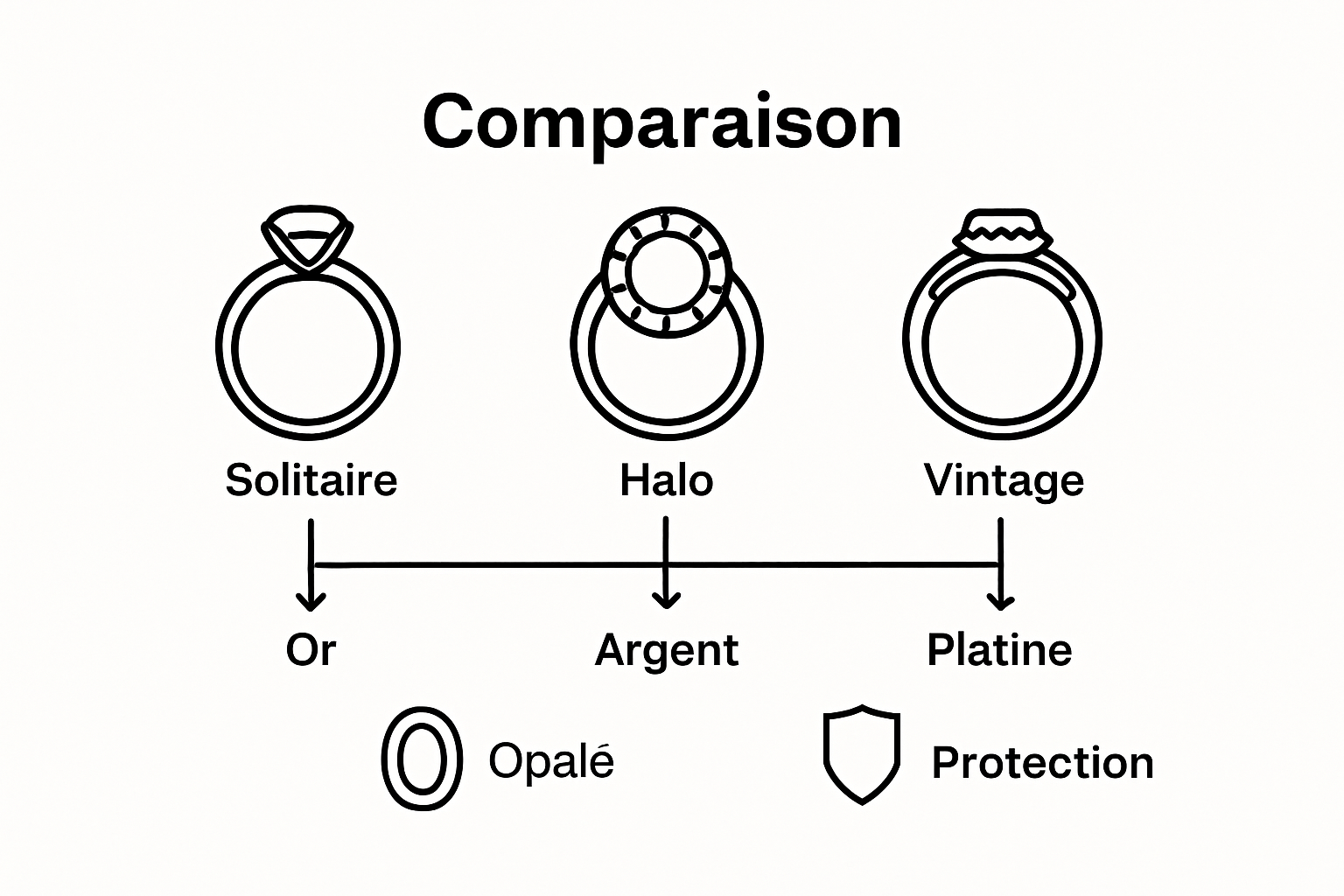 Infographie : styles de bagues en opale et choix des métaux, le comparatif