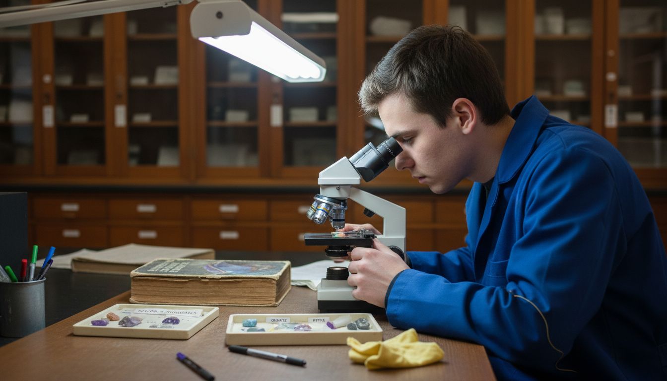 Lab technician examines opal under microscope
