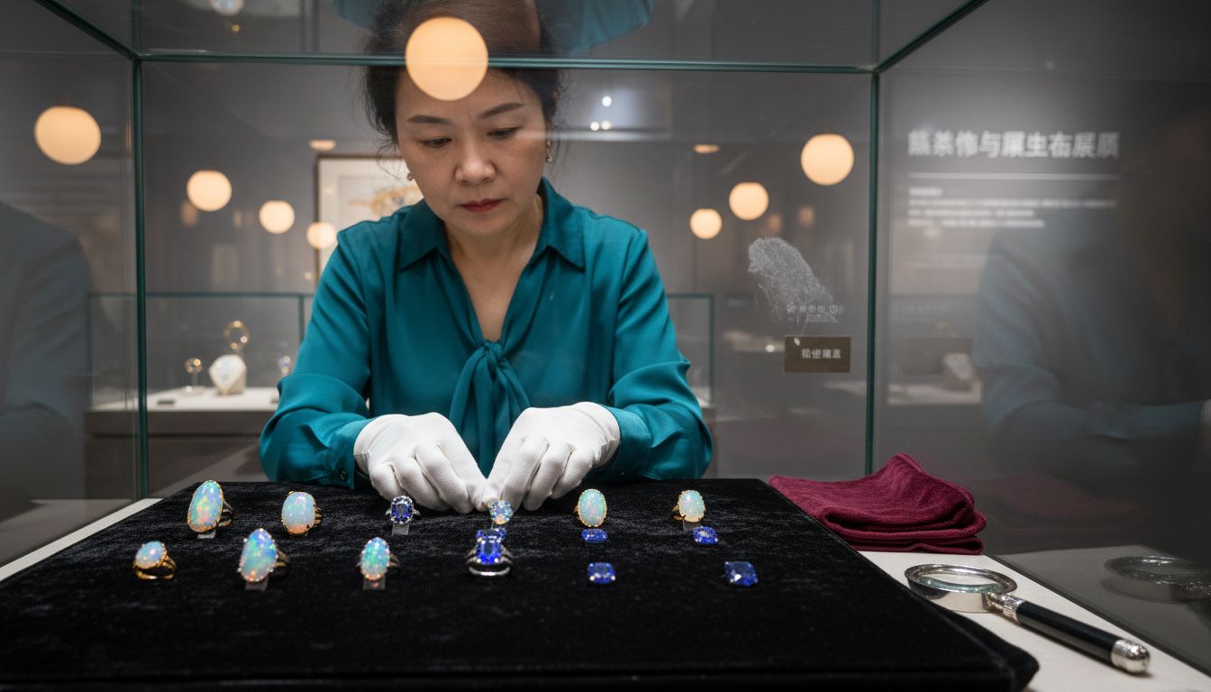 策展人正在精心布置展柜里的奢华珠宝,使每一件珍品都能焕发出独特光彩。