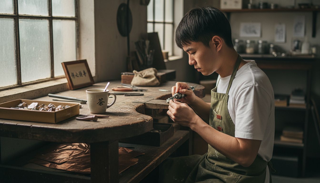 一位珠宝匠人在摆满工具和材料的工作台上专心打磨首饰。
