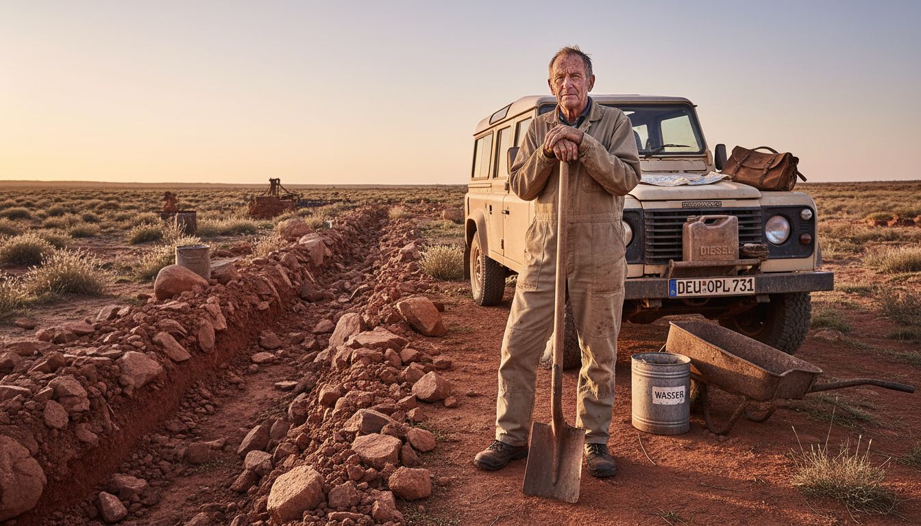 Ein Opal-Schürfer beginnt seinen Arbeitstag im Morgengrauen auf einem der berühmten Opalfelder in Queensland.