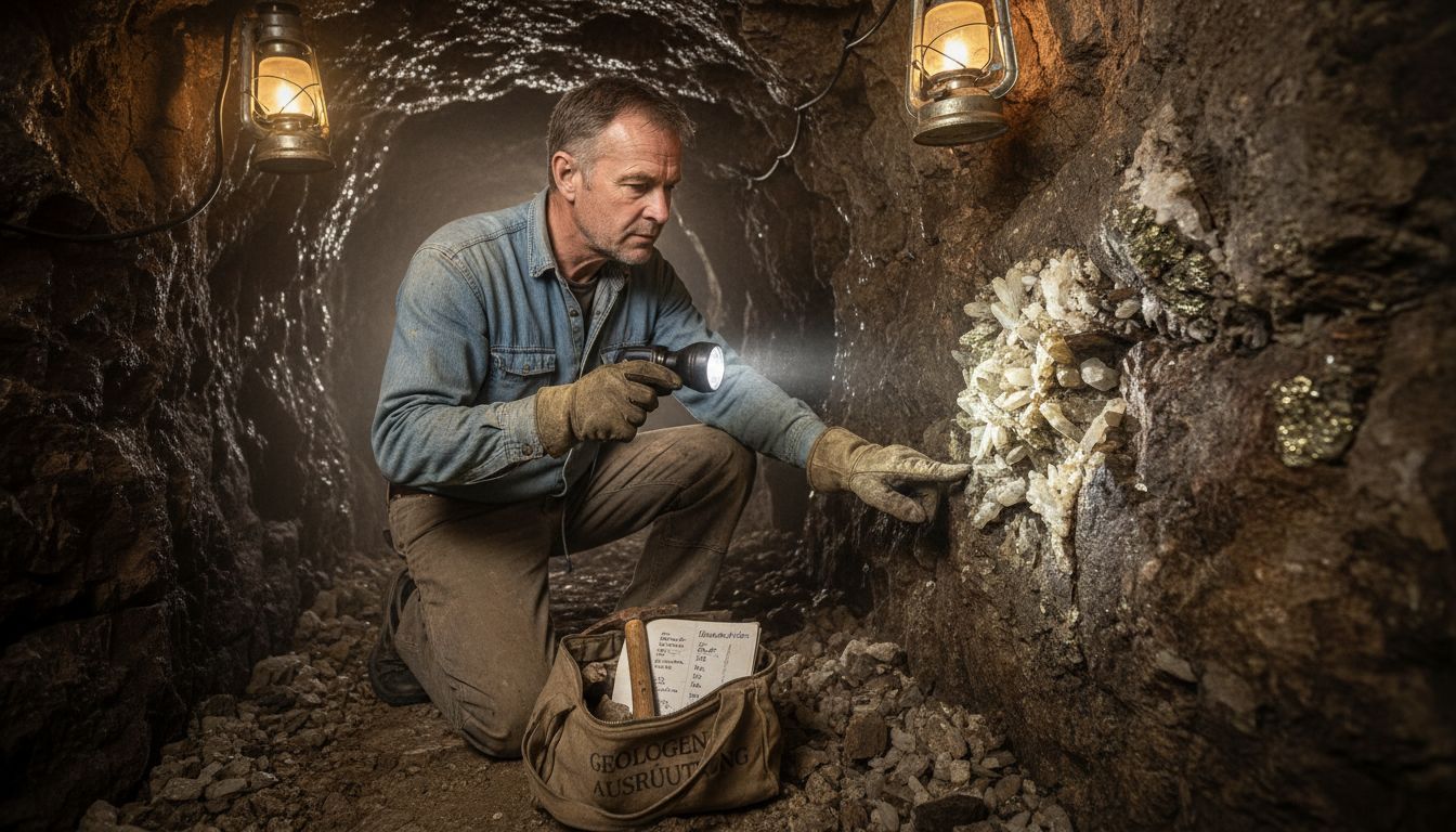 Ein Geologe untersucht mit Ausrüstung einen Stollen in einer Opalmine.