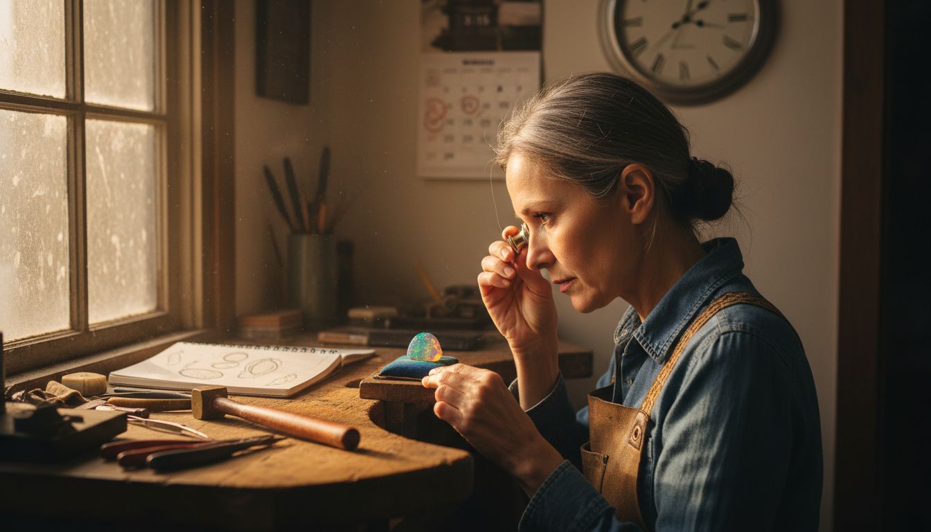 Jeweler inspecting opal at workbench