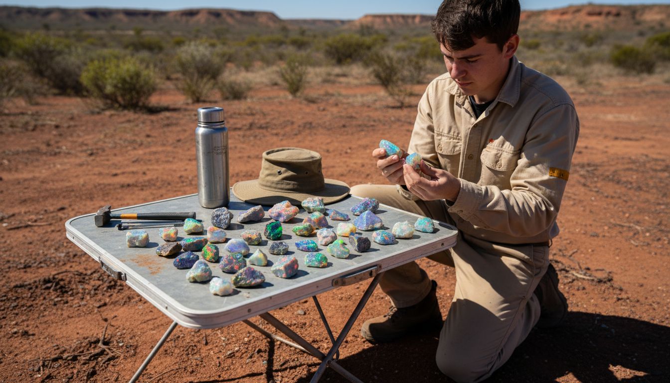 Geologist sorting opal samples at dig site