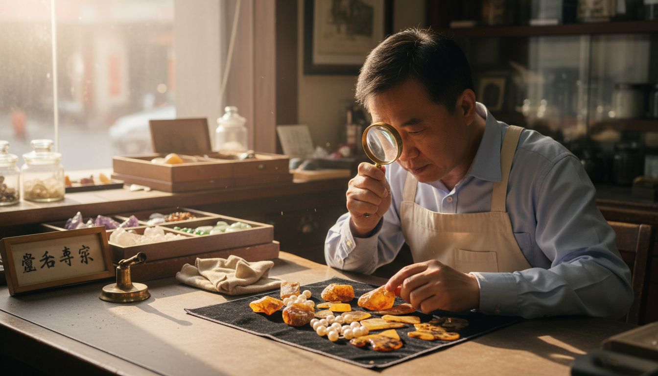 珠宝鉴定师正在细致观察各类有机宝石，评估其品质与特征。