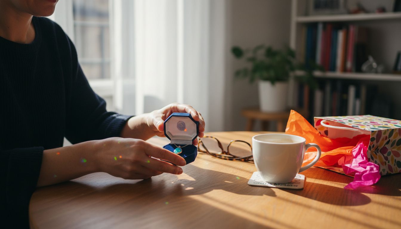 Eine Frau sitzt am Tisch und öffnet eine Schmuckschatulle mit Opalen.