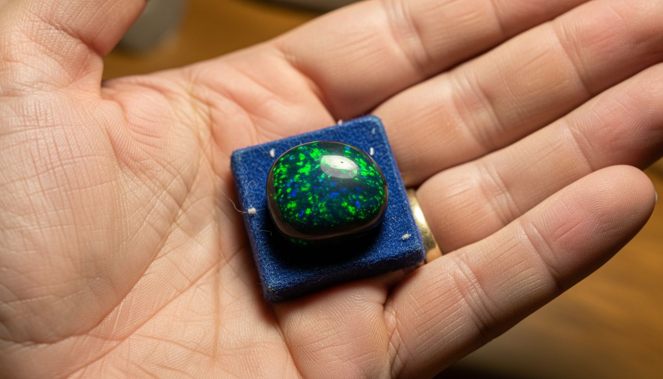 Ein schwarzer Opal wird aus nächster Nähe in der Hand betrachtet.