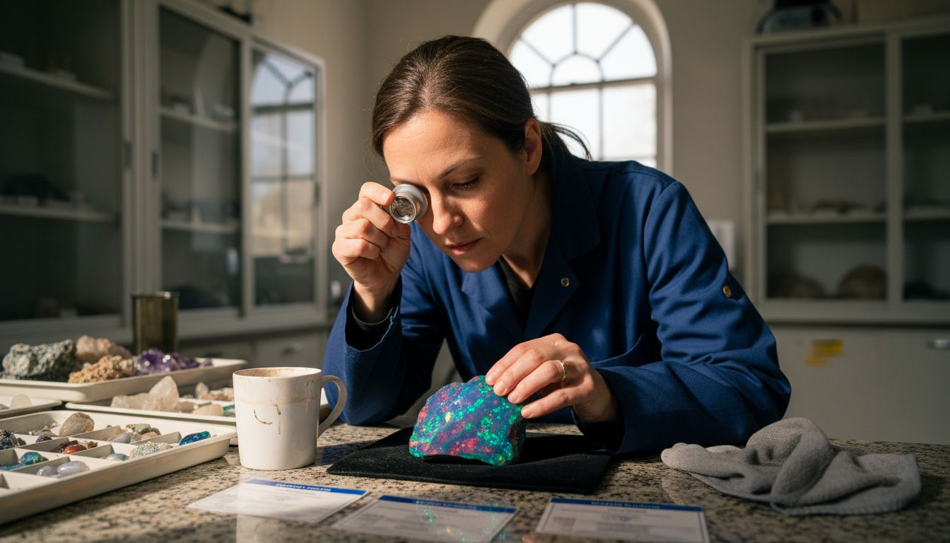 Gemologist closely studying black opal specimen
