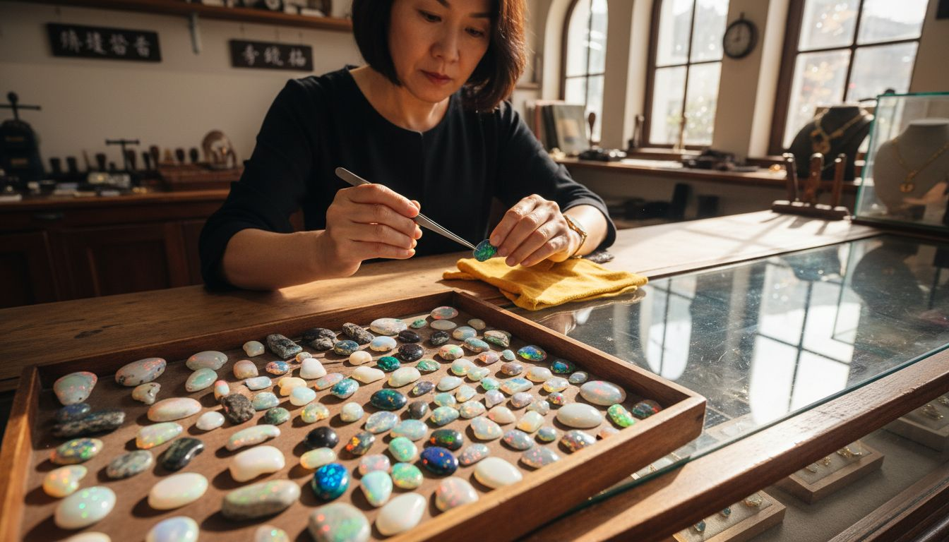藏家正在细致鉴赏散装的澳大利亚欧泊原石