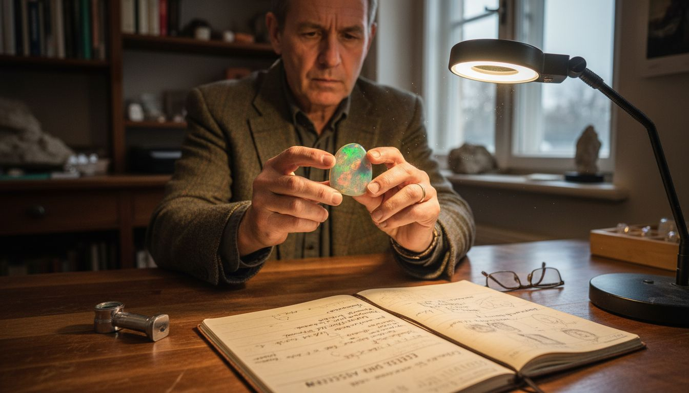 Ein Mann begutachtet lose Opale aus Australien an seinem Schreibtisch.