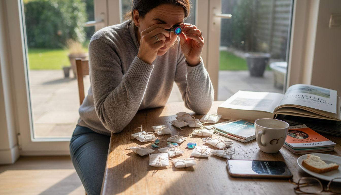 Eine Frau begutachtet einen Opal mit einer Juwelierlupe.