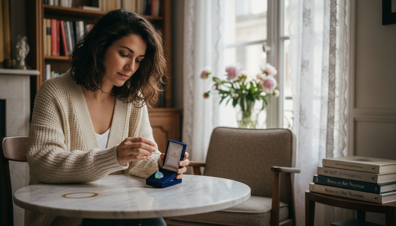 Une femme s'émerveille en ouvrant un coffret renfermant un pendentif en opale, offert en cadeau.
