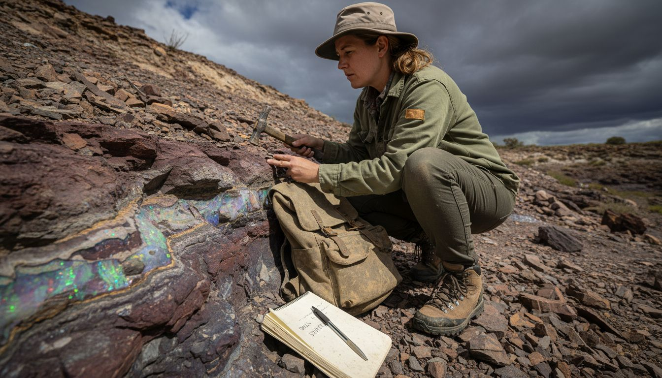 Geologist studying Lightning Ridge rock outcrop