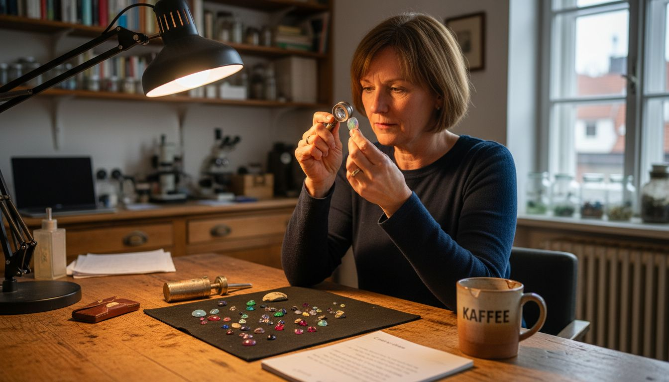 Ein Edelsteinexperte prüft einen Opal auf seine Echtheit.
