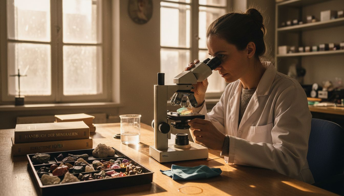 Ein Mineraloge untersucht einen Opal sorgfältig unter dem Mikroskop.