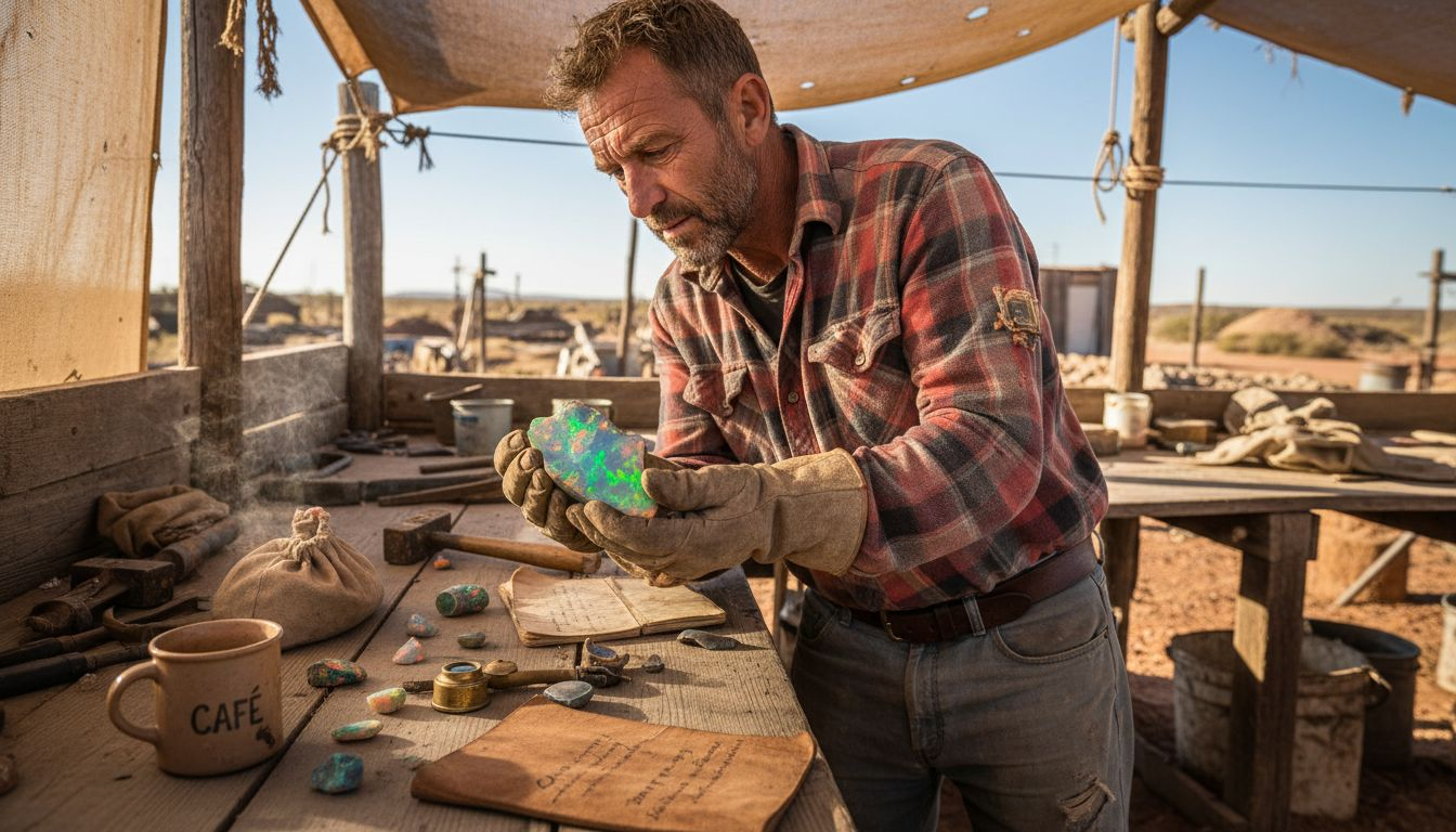 Un mineur examine attentivement une opale arlequin brute sur son établi.