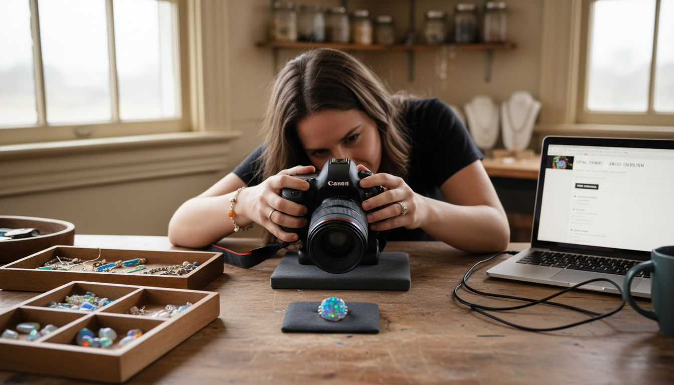 Designer photographing opal jewelry at studio desk